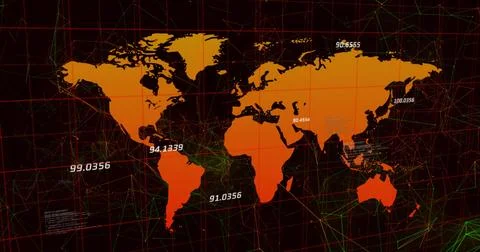 Image of numbers changing data processing over world map and grid Ilustração Stock