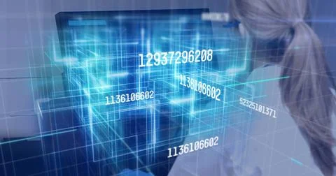 Image of numbers changing data processing against woman using computer 스톡 사진