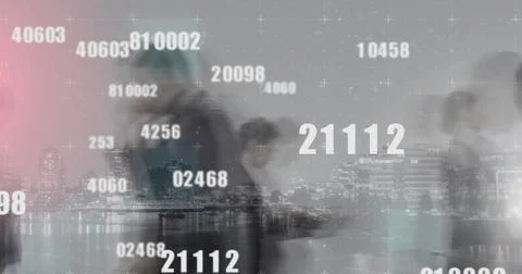 Image of numbers changing, data processing over people walking fast over Stock Photos