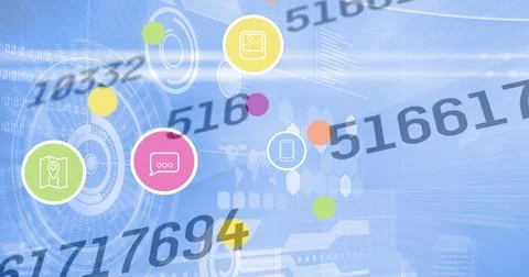 Image of numbers changing, digital icons over scopes scanning on blue background Stockillustratie