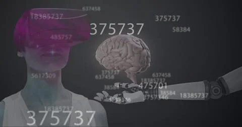 Image of numbers changing, human brain over robot's arm and woman wearing vr Stock Photos