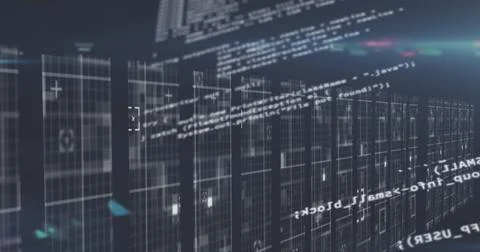 Image of numbers changing with light trails over tech room with computer servers Illustrazione stock