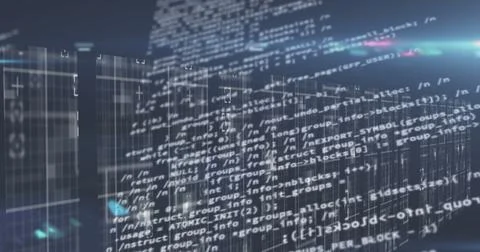 Image of numbers changing with light trails over tech room with computer servers Stock Illustration