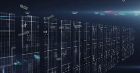 Image of numbers changing with light trails over tech room with computer servers 스톡 일러스트