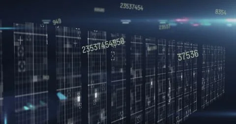 Image of numbers changing with light trails over tech room with computer servers Stock Illustration