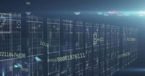 Image of numbers changing with light trails over tech room with computer servers Stock Illustration