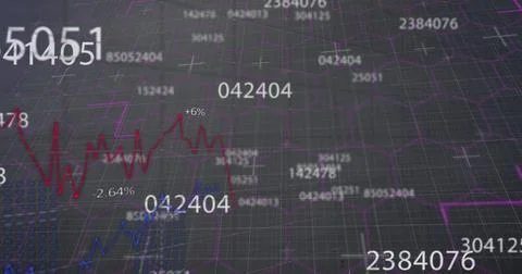 Image of numbers changing with lines moving over grid in background Illustrazione stock