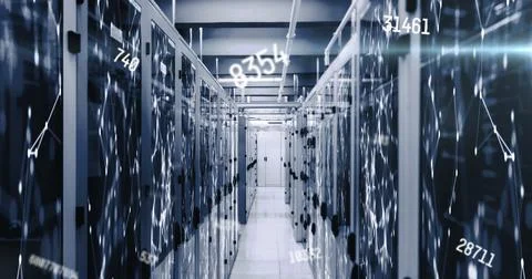 Image of numbers changing with networks of connections over tech room with Stock Illustration