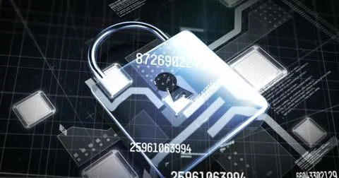 Image of numbers changing with online security padlock over data processing on Stock Photos