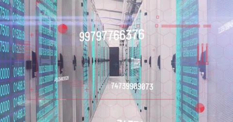 Image of numbers changing over computer servers in background 스톡 사진