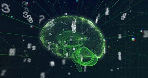 Image of numbers changing over glowing human brain Stock Illustration