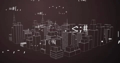 Image of numbers changing over spinning 3d model of city 스톡 사진