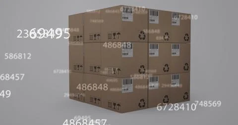 Image of numbers changing over stack of cardboard boxes in background 스톡 일러스트