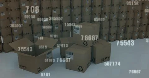 Image of numbers changing over stacks of cardboard boxes イラスト素材