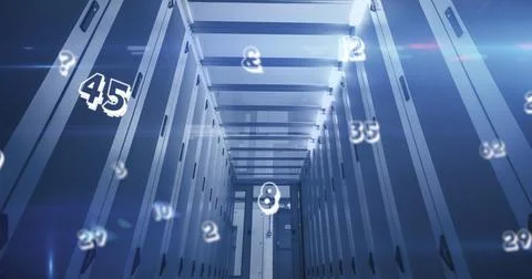 Image of numbers changing over tech room with computer servers Stock Illustration