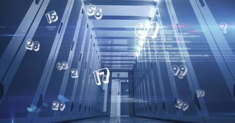 Image of numbers changing over tech room with computer servers Illustrazione stock
