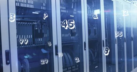 Image of numbers changing over tech room with computer servers Illustrazione stock
