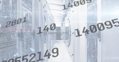 Image of numbers changing over tech room with computer servers Illustrazione stock