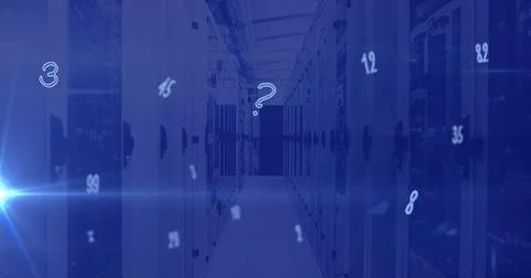 Image of numbers changing over tech room with computer servers Illustrazione stock