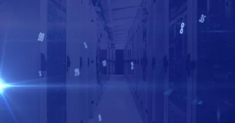Image of numbers changing over tech room with computer servers Illustrazione stock