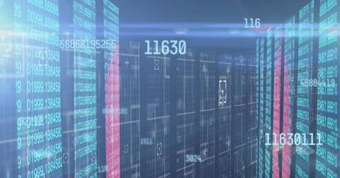 Image of numbers changing over tech room with computer servers Illustrazione stock