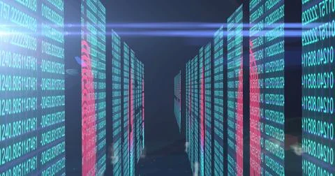 Image of numbers changing over tech room with computer servers イラスト素材