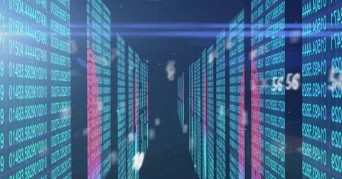 Image of numbers changing over tech room with computer servers 스톡 일러스트