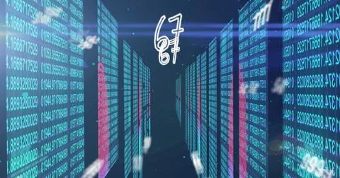 Image of numbers changing over tech room with computer servers Stock Illustration