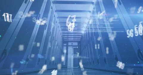 Image of numbers changing over tech room with computer servers 스톡 사진