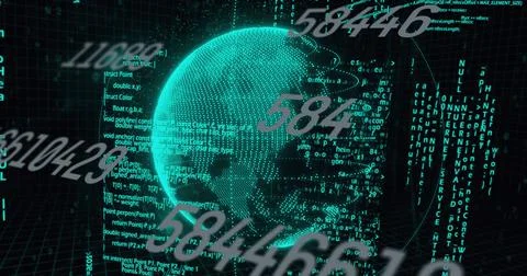 Image of numbers, data and globe on black background Illustrazione stock