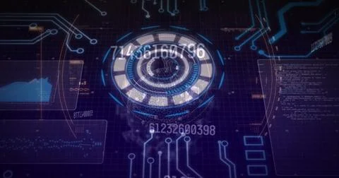 Image of numbers, data and processing circle on violet background Stock Photos