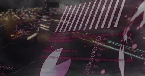 Image of numbers, data processing and statistics over traffic in fast motion Stock Illustration