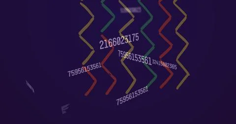 Image of numbers, data processing and patterns moving on navy background Illustrazione stock