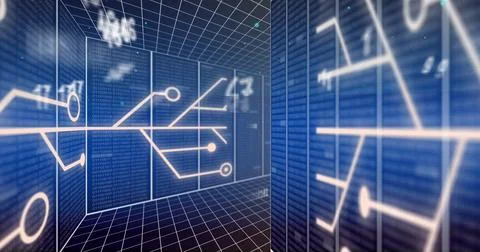 Image of numbers, data processing and circuit board over computer servers 写真素材