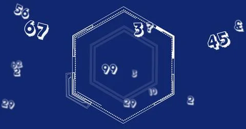 Image of numbers floating over abstract hexgonal shape against blue background Foto stock