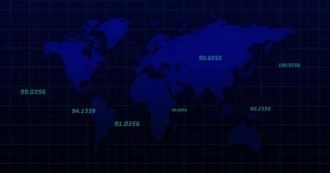 Image of numbers floating over blue world map against grid pattern Stock Photos