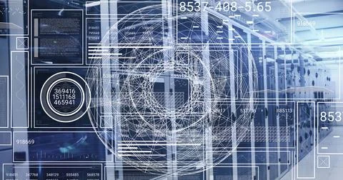 Image of numbers, globe and data processing on screen over computer servers Stock Photos