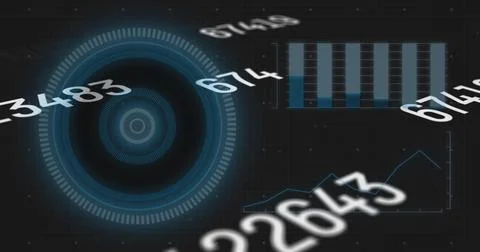 Image of numbers, graph with hud processing on digital interface 写真素材