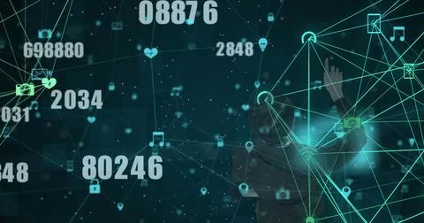 Image of numbers, icons over network of connections in background 스톡 일러스트