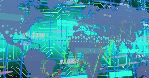Image of numbers, markers and data processing over grid Stock Photos