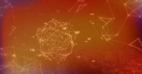 Image of numbers, network of connections with globe over orange background Foto stock