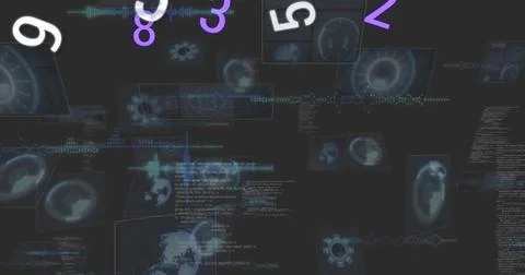 Image of numbers over data processing on black background 写真素材