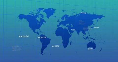 Image of numbers over grid pattern and computer language against map on blue 库存照片