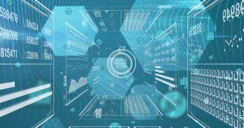 Image of numbers over interface with data processing against hexagonal shapes on Stockfoto's