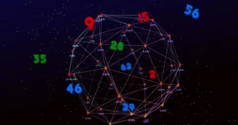 Image of numbers over web of connections on black background 스톡 일러스트