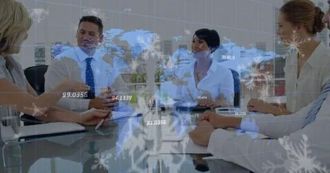 Image of numbers processing and world map over caucasian business people Foto stock