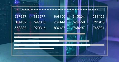 Image of numbers on screen over data server racks Foto stock