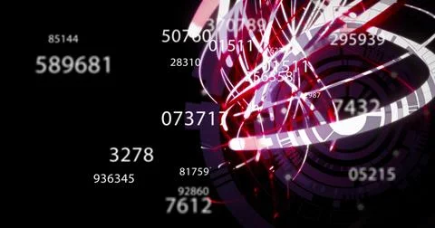 Image of numbers, wavy lights and data on black background 스톡 일러스트