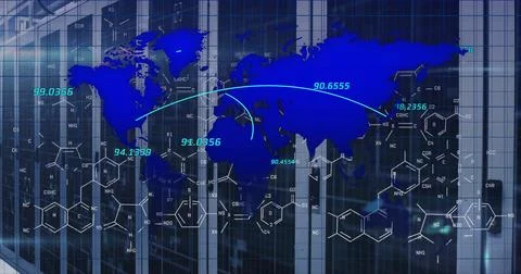 Image of numbers, world map and chemical formulas over server room Ilustración de archivo