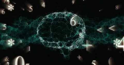 Image of numeric data and symbols over glowing brain network on dark background Illustrazione stock